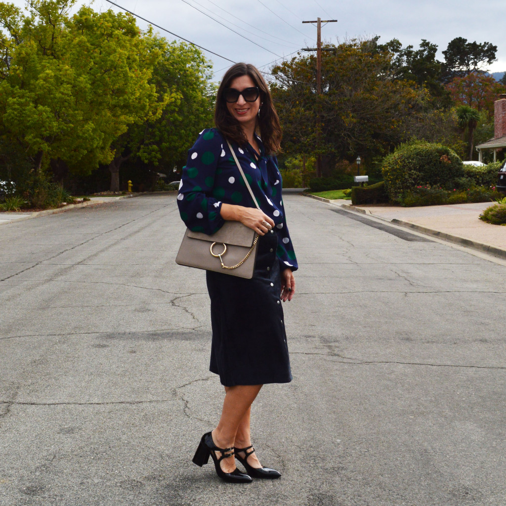 navy suede skirt and polka dot blouse fall outfit