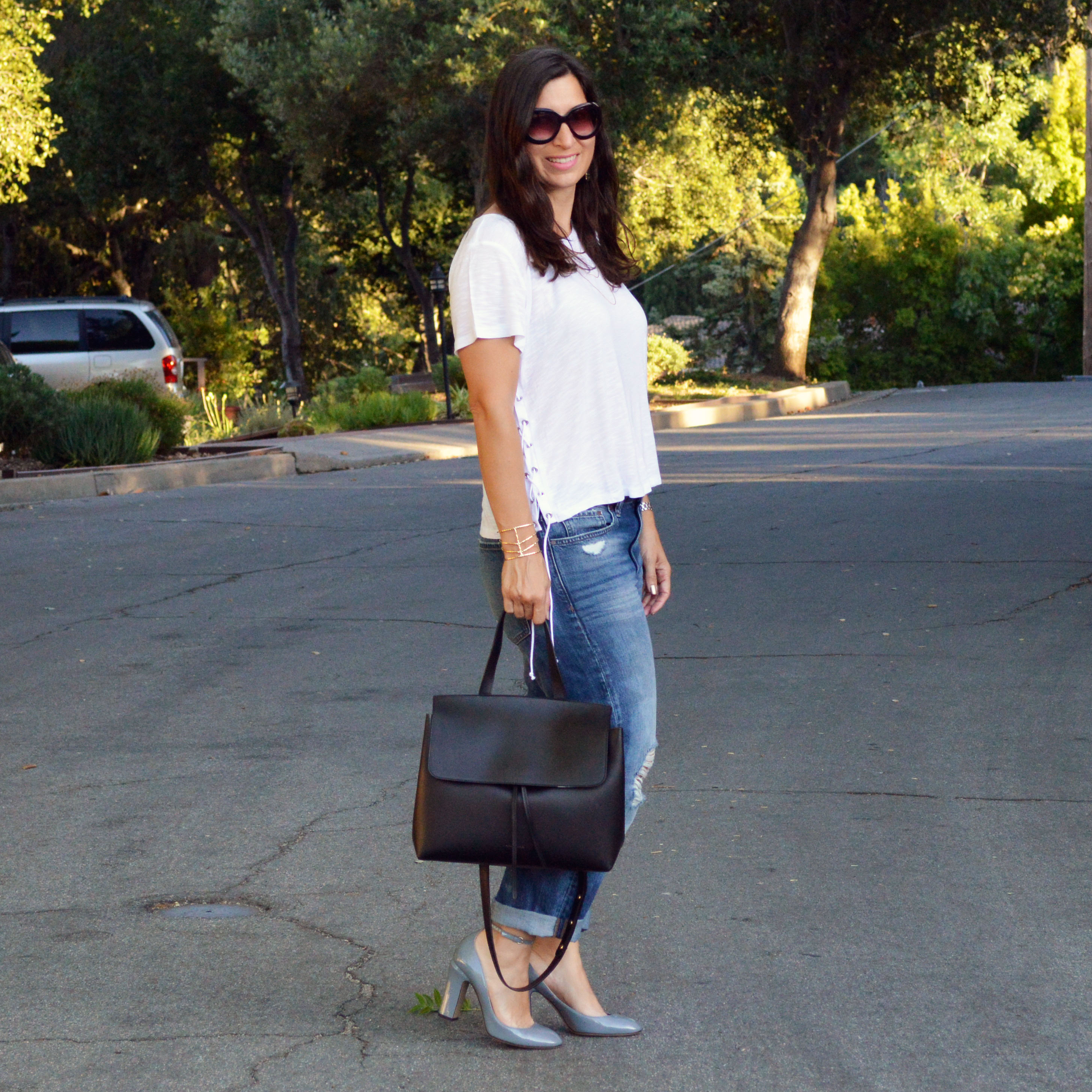 baggy boyfriend jeans and a white tee