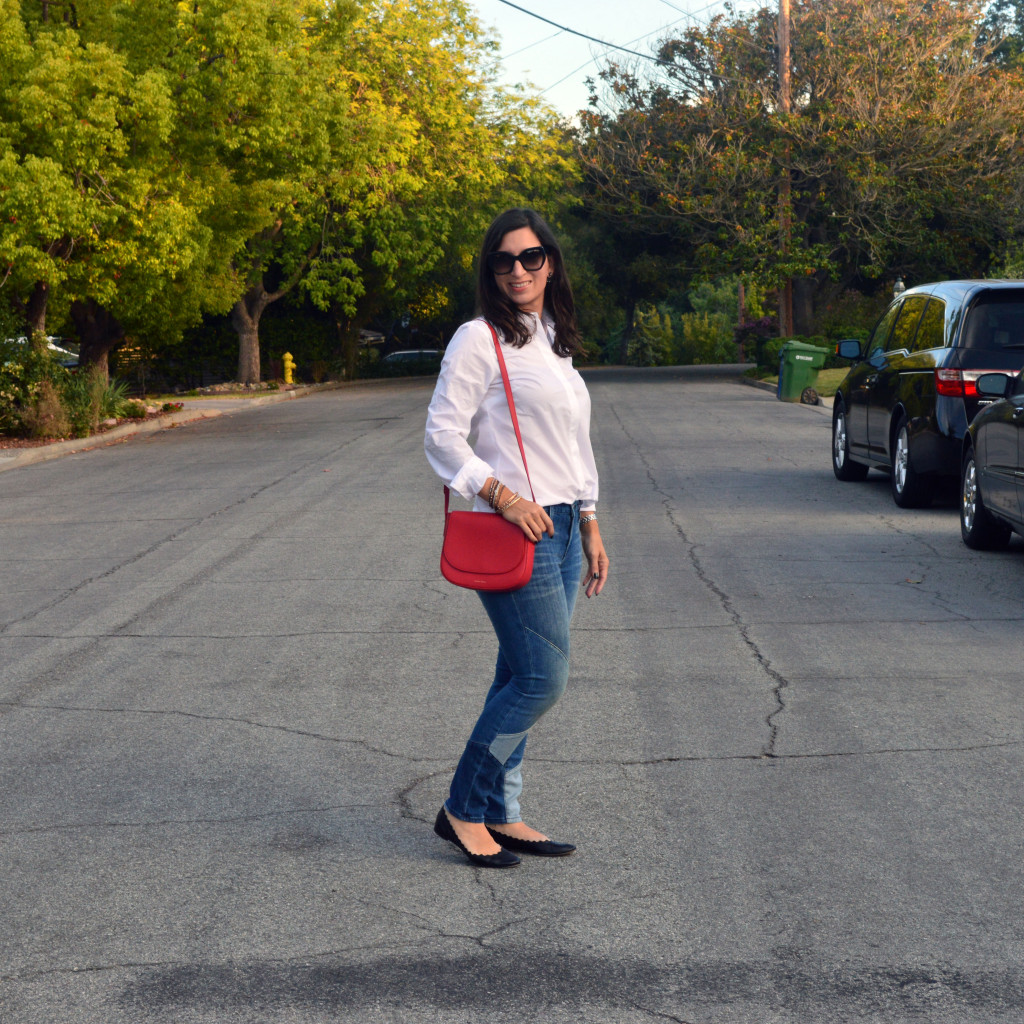 Patchwork jeans outfit idea