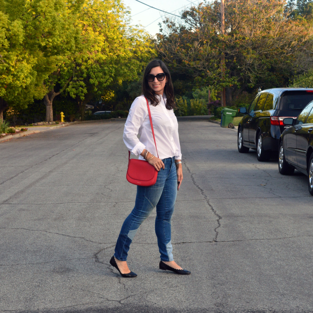 Patchwork jeans outfit for fall