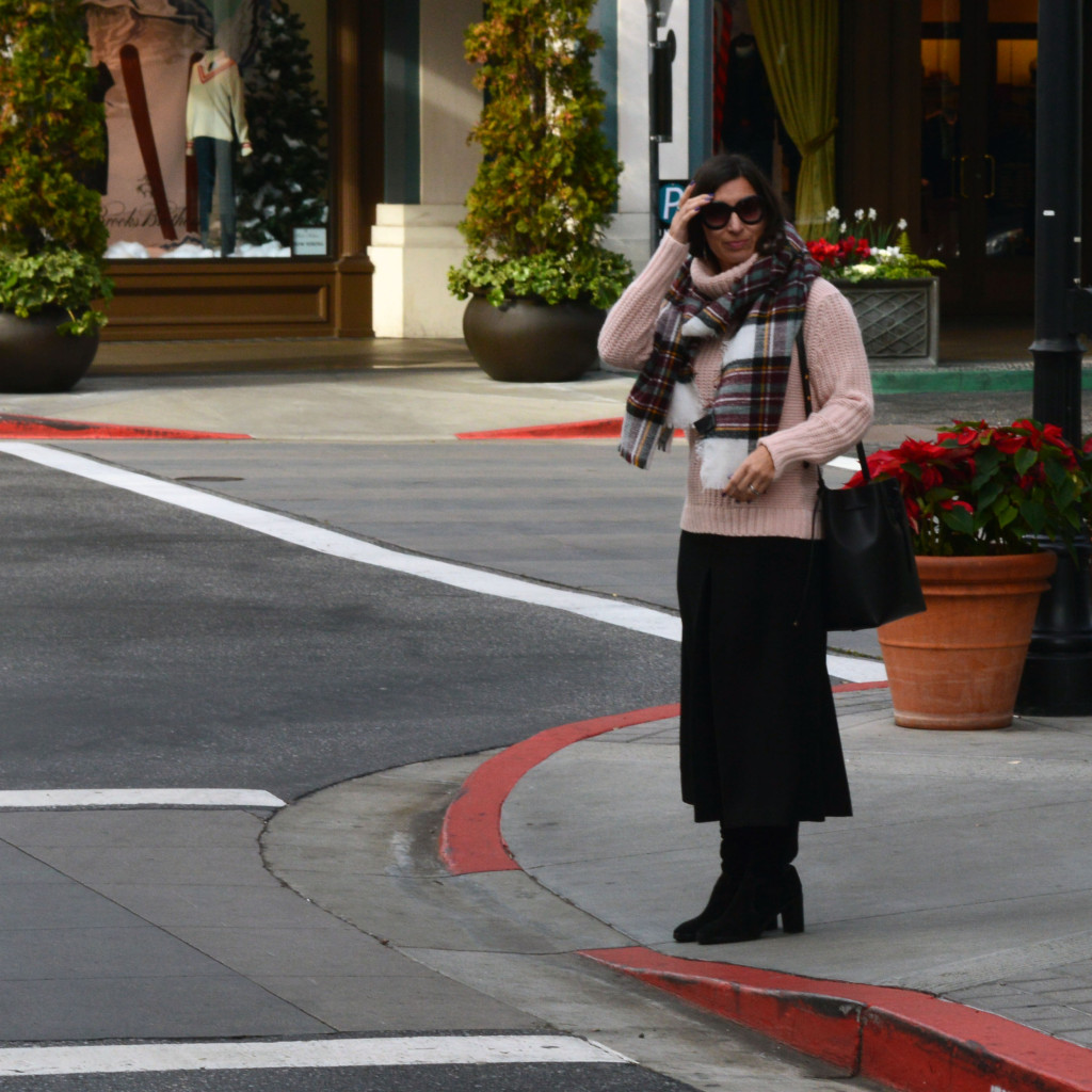 culottes turtleneck sweater blanket scarf winter outfit